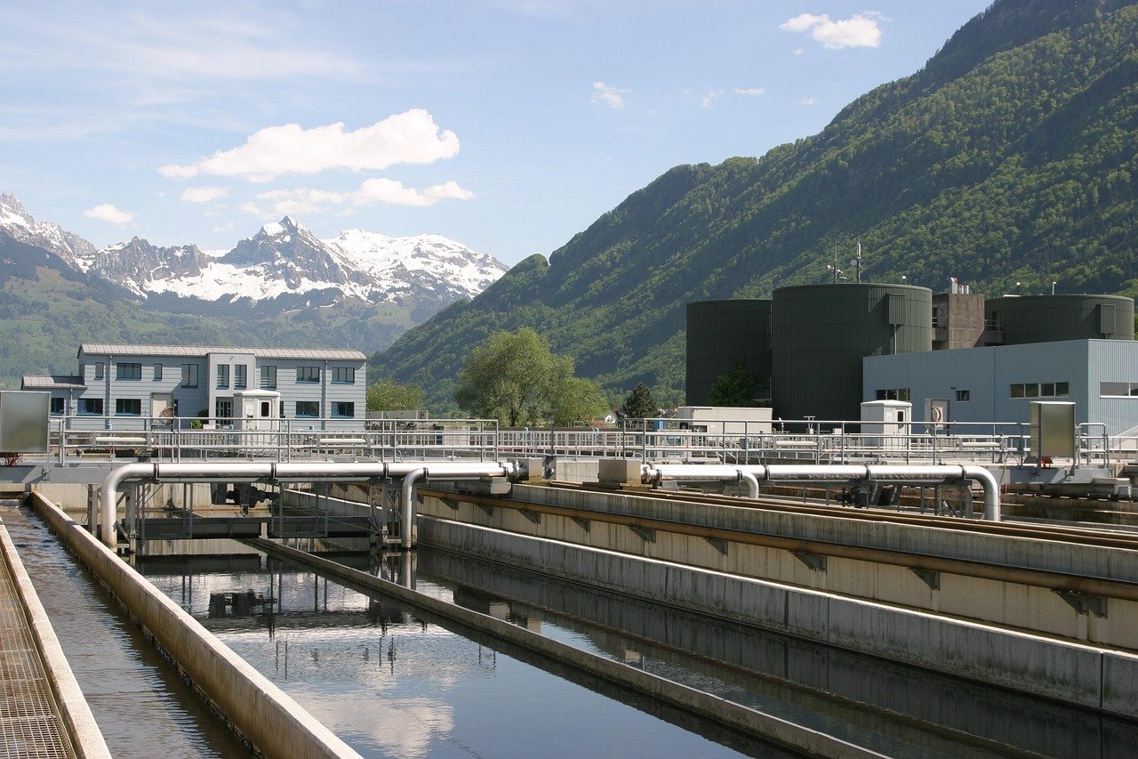 sewage treatment plant, switzerland, wastewater treatment, clarifiers, clear, water, wastewater, environmental protection, nature, clean